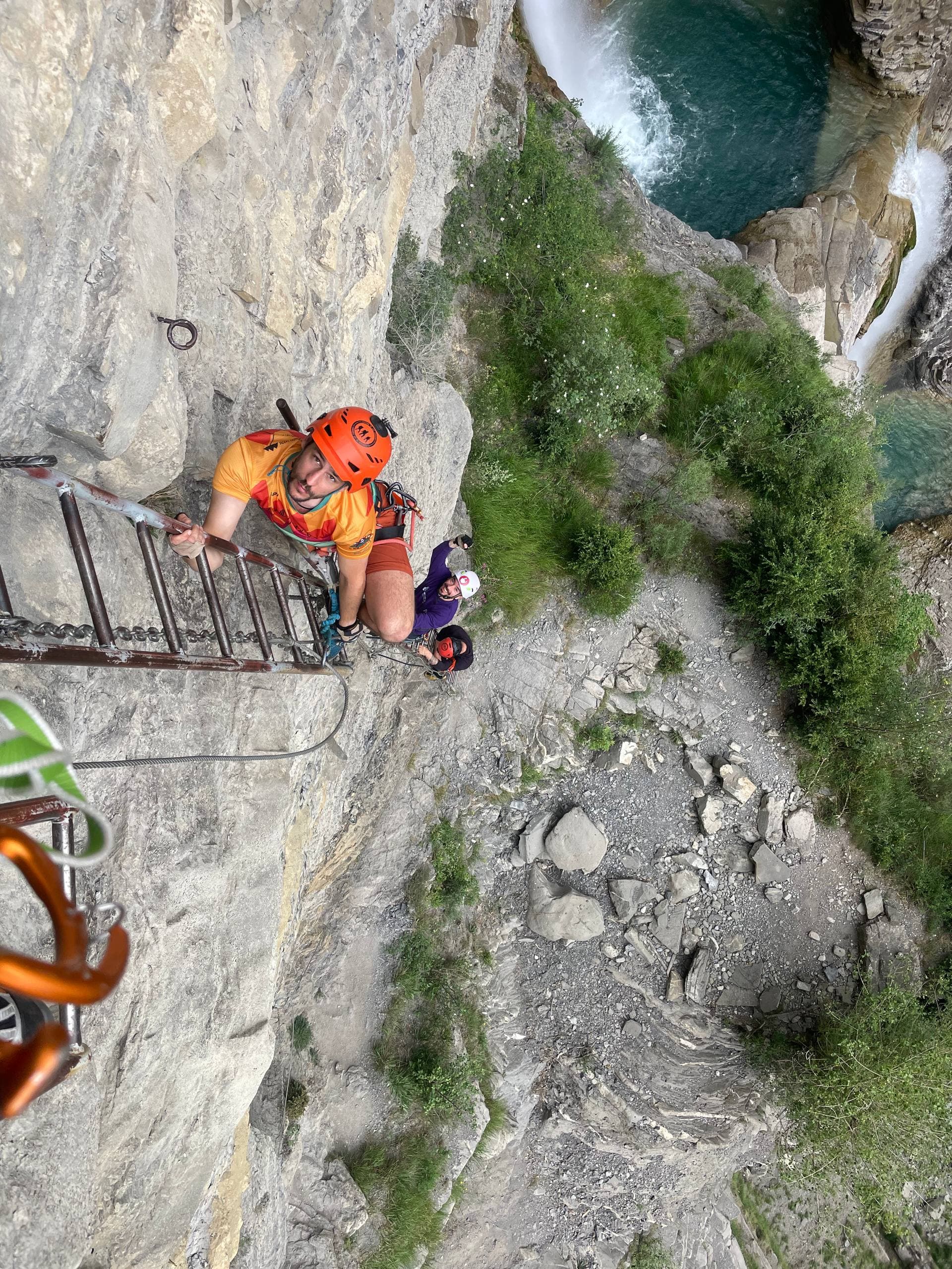 Making our way up the ladder alongside the waterfall